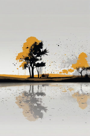 Watercolor painting of a tree in the middle of a lake.の素材