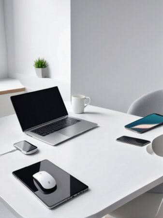 Laptop with blank screen on white table with mouse and smartphone. Home interior or office backgroundの素材