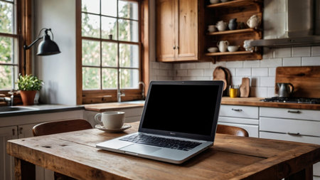 Open laptop with blank screen on a wooden desk in a kitchen room home officeの素材