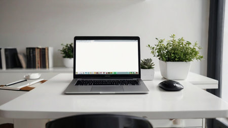 Laptop with blank screen on white table with mouse and smartphone. Home interior or office backgroundの素材