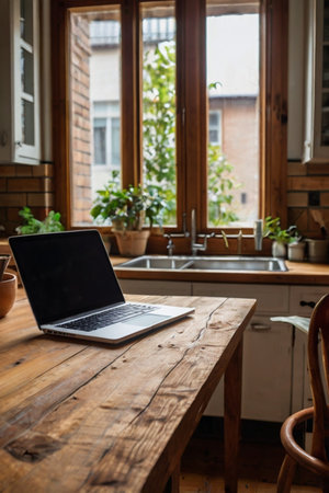 Open laptop with blank screen on a wooden desk in a kitchen room home officeの素材