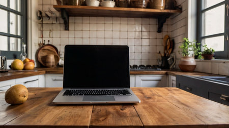 Open laptop with blank screen on a wooden desk in a kitchen room home officeの素材