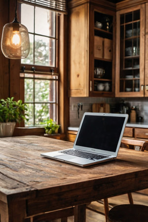 Open laptop with blank screen on a wooden desk in a kitchen room home officeの素材
