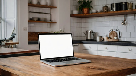 Open laptop with blank screen on a wooden desk in a kitchen room home officeの素材