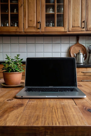 Open laptop with blank screen on a wooden desk in a kitchen room home officeの素材