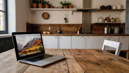 Open laptop with blank screen on a wooden desk in a kitchen room home officeの素材