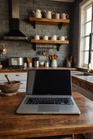 Open laptop with blank screen on a wooden desk in a kitchen room home officeの素材