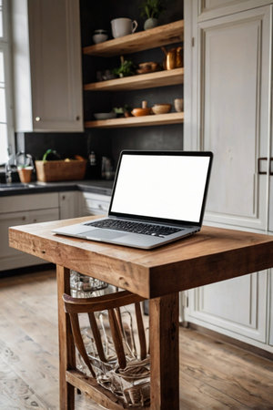 Open laptop with blank screen on a wooden desk in a kitchen room home officeの素材