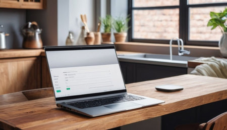 Open laptop with blank screen on a wooden desk in a kitchen room home officeの素材
