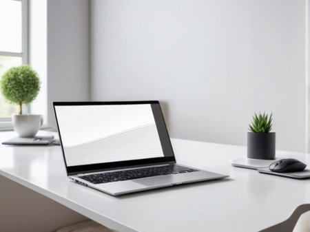 Laptop with blank screen on white table with mouse and smartphone. Home interior or office backgroundの素材