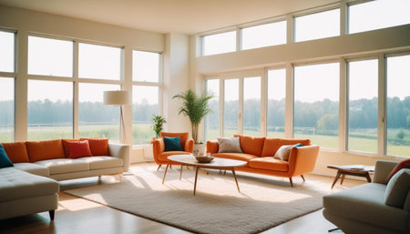 Living room with orange sofa and round coffee table. Interior design.の素材