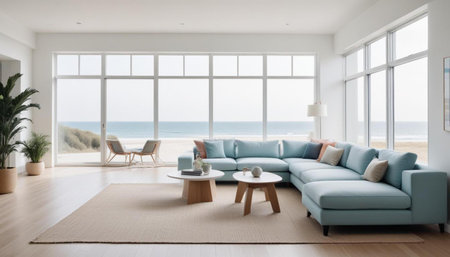 Contemporary living room interior with white wall and panoramic windowの素材