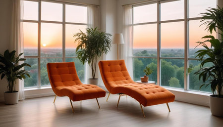 Contemporary living room interior with white wall and panoramic windowの素材