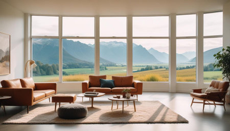 Interior of modern living room with large panoramic window overlooking the mountainsの素材