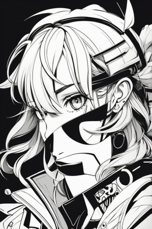 Portrait of a beautiful anime girl with headphones. Vector illustration.の素材