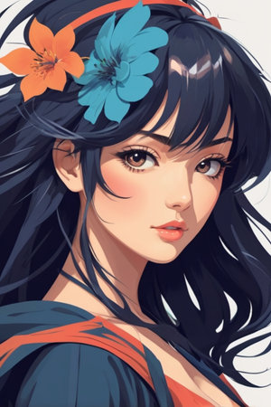 Beautiful young woman with flowers in her hair. Vector illustration.の素材