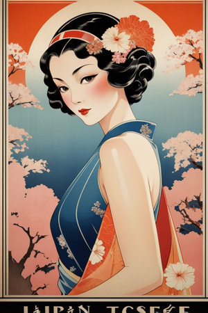 Beautiful asian girl in kimono. Vintage style.の素材