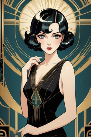 Beautiful young woman in black dress. Retro style. Vector illustration.の素材