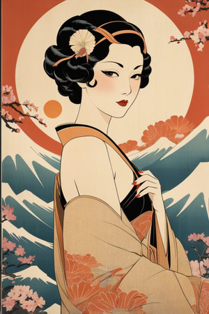Illustration of a beautiful japanese girl in kimonoの素材