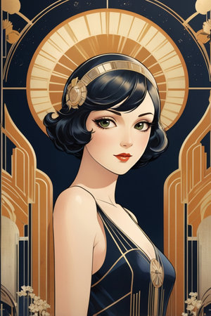 Portrait of a beautiful young woman in retro style. Vector illustration.の素材