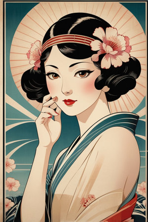 Beautiful Japanese geisha with a bouquet of flowers. Retro style.の素材