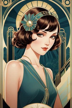 Beautiful girl with retro hairstyle in vintage style. Vector illustration.の素材
