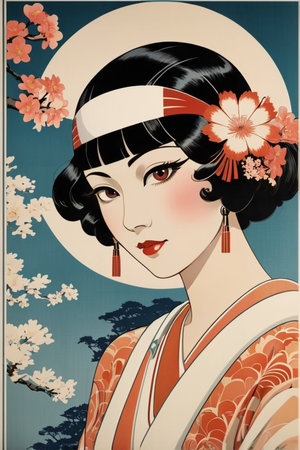 Retro japanese girl in kimono. Vector illustration.の素材