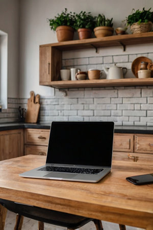 Open laptop with blank screen on a wooden desk in a kitchen room home officeの素材