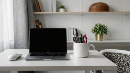 Laptop with blank screen on white table with mouse and smartphone. Home interior or office backgroundの素材