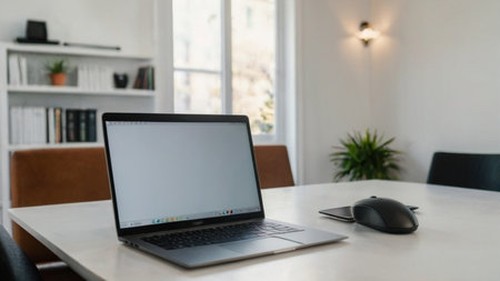 Laptop with blank screen on white table with mouse and smartphone. Home interior or office backgroundの素材