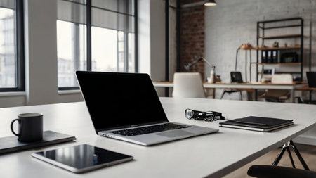 A white-screen laptop computer mockup and accessories on a white desk in a modern office. Office workspaceの素材