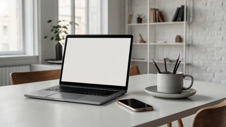 Laptop with blank screen on white table with mouse and smartphone. Home interior or office backgroundの素材