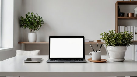 Laptop with blank screen on white table with mouse and smartphone. Home interior or office backgroundの素材