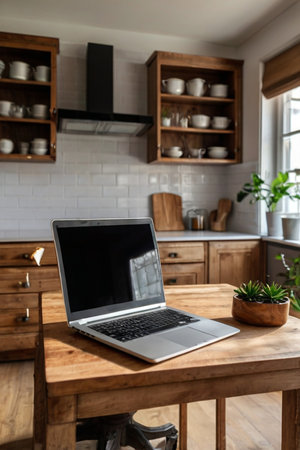 Open laptop with blank screen on a wooden desk in a kitchen room home officeの素材