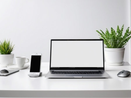 Laptop with blank screen on white table with mouse and smartphone. Home interior or office backgroundの素材