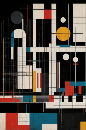 A Bauhaus abstract poster illustration designed for smartphone wallpaper, featuring geometric shapes, bold colors, and a minimalist aesthetic to create a visually striking and modern lookの素材
