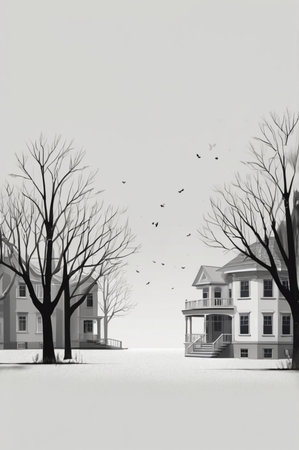 Winter landscape with houses and trees in black and white, 3d illustrationの素材