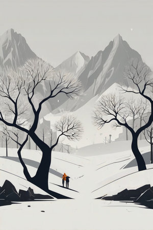 Hiking in the mountains. Vector illustration of a man walking in the mountains.の素材
