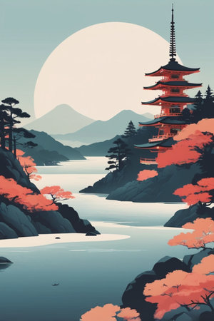 Japan Landscape with pagoda, mountains and lake. Vector illustration.の素材