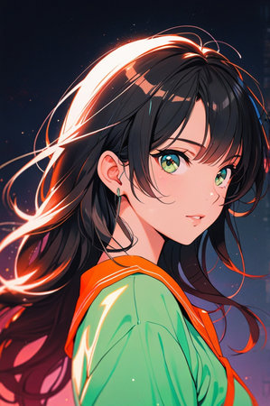 Illustration of a beautiful girl with long hair and neon lights.の素材