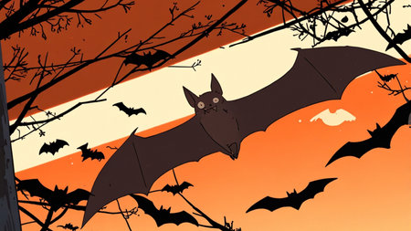 Halloween background with bats flying in the sky. Vector illustration.の素材