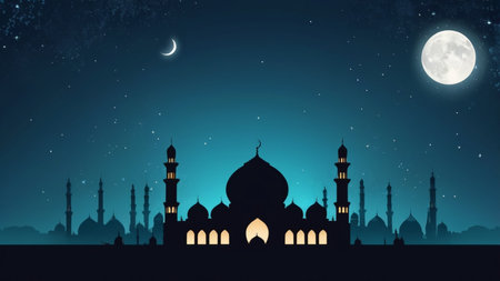 Silhouette of mosque at night with full moon. Vector illustration.の素材