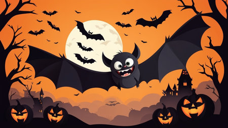 Halloween background with bats, pumpkins and castle. Vector illustration.の素材