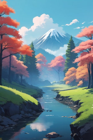 Mt. Fuji and the river in the autumn season. Illustrationの素材