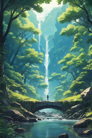 Digital painting of a man standing in front of the waterfall in the forestの素材