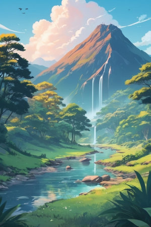 Landscape of mountains and river with waterfall. Digital painting illustration.の素材