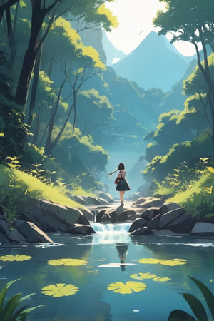 3d illustration of a young woman standing on the edge of a river and enjoying natureの素材