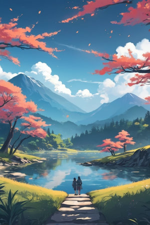Digital painting of a couple walking on a path to the lake and Mount Fuji in the backgroundの素材