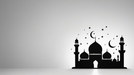 Mosque silhouette with crescent moon and stars. 3d renderingの素材