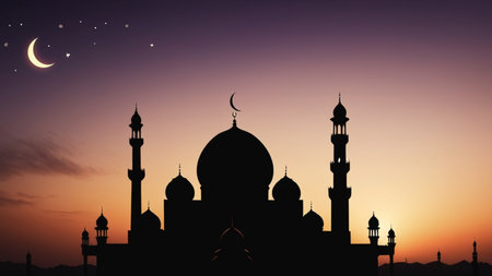Silhouette of mosque at sunset, Ramadan Kareem background.の素材